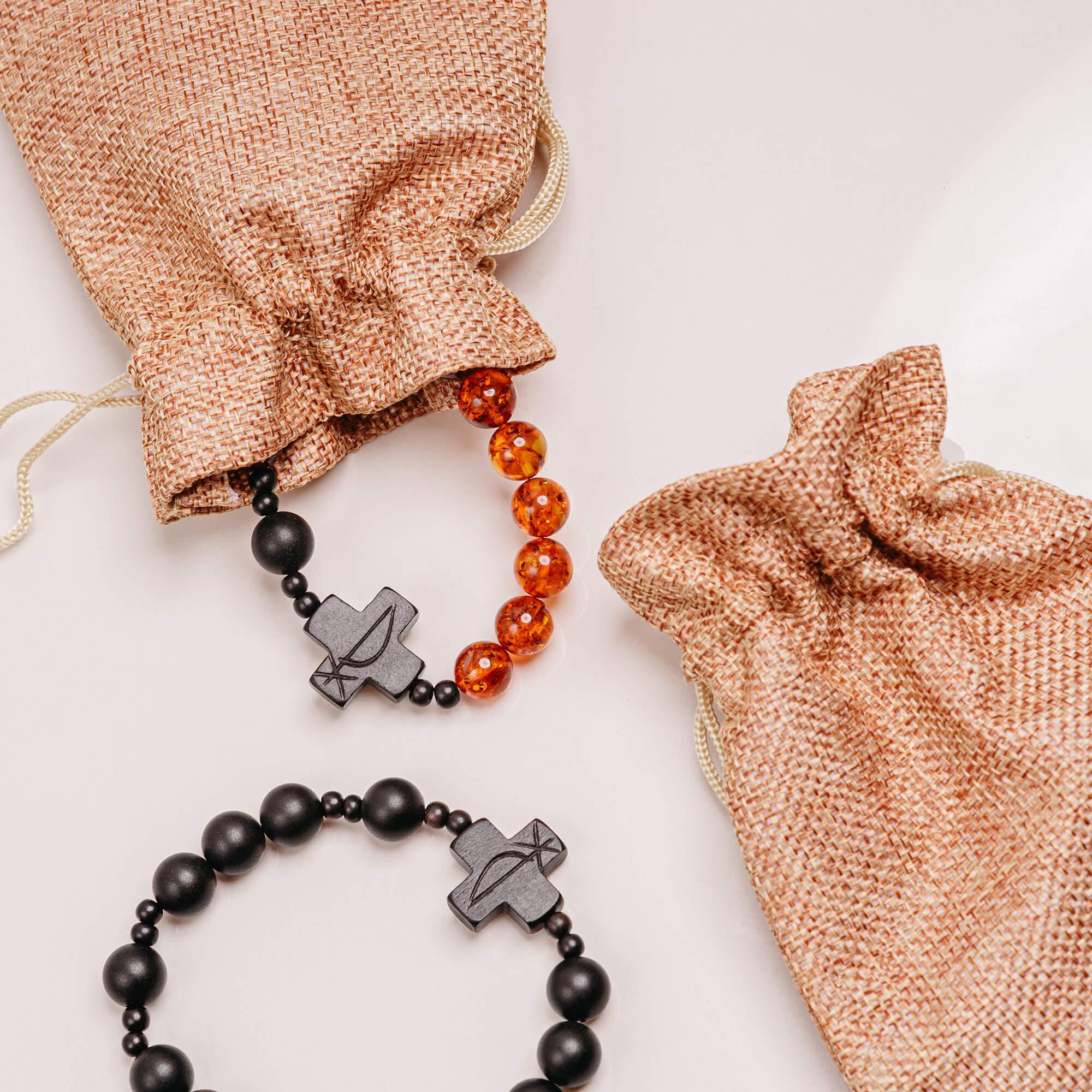 CROSS ROSARY BRACELET with Chi Rho Chrismon Symboll | Polished Cognac & Matte Black Beads | Handmade from Baltic Amber, Tiger Ebony Wood
