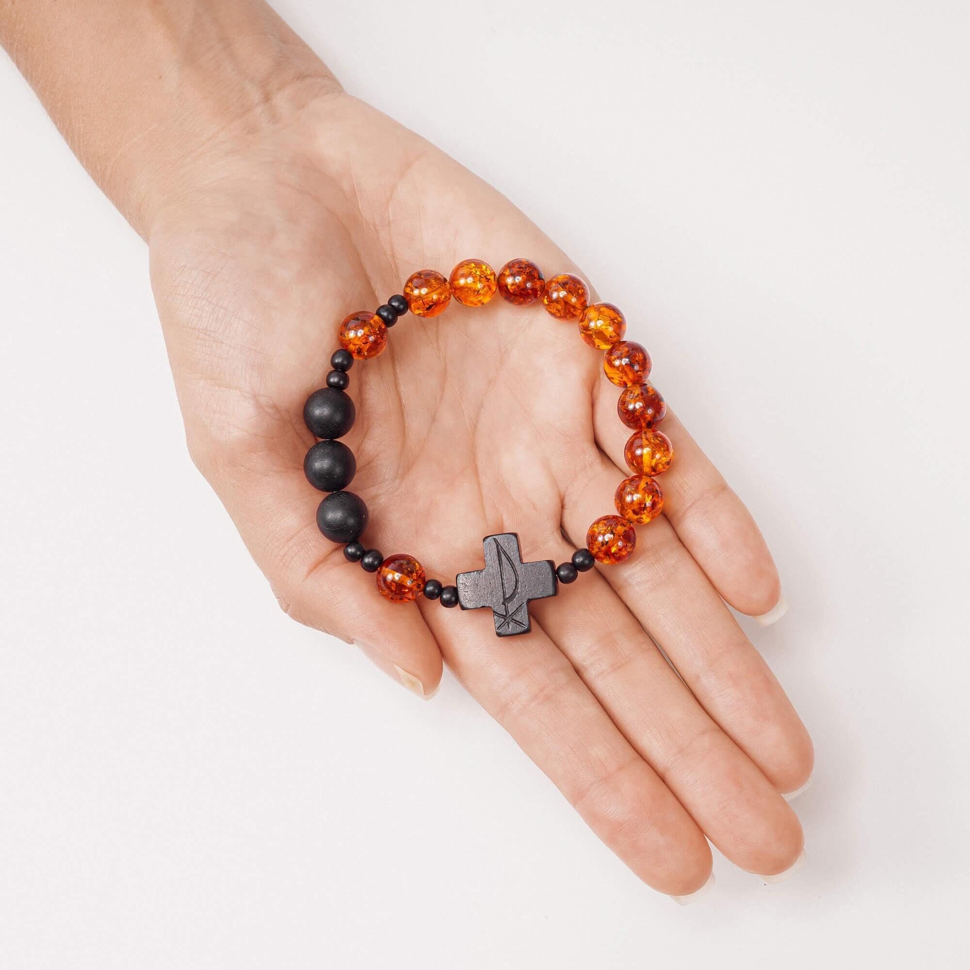 ROSARY CROSS BRACELET Catholic with Chi Rho Christogram | Polished Cognac & Matte Black Beads | Handmade from Baltic Amber, Tiger Ebony Wood