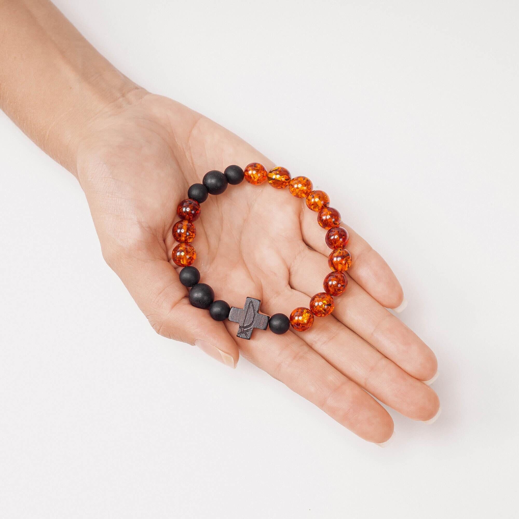 CROSS ROSARY BRACELET with Chi Rho Chrismon Symboll | Polished Cognac & Matte Black Beads | Handmade from Baltic Amber, Tiger Ebony Wood