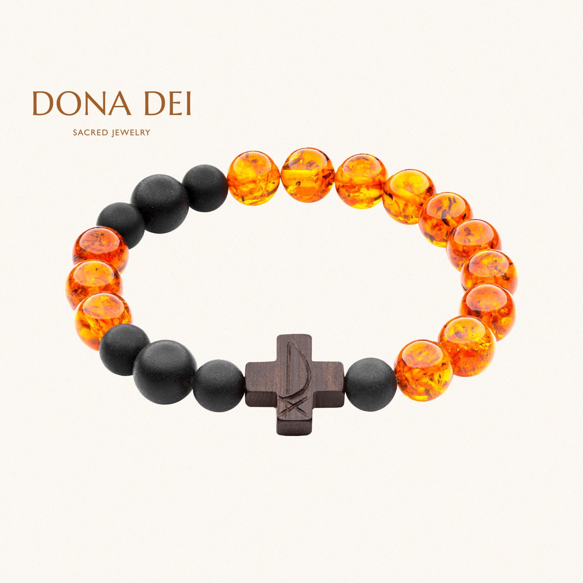 CROSS ROSARY BRACELET with Chi Rho Chrismon Symboll | Polished Cognac & Matte Black Beads | Handmade from Baltic Amber, Tiger Ebony Wood