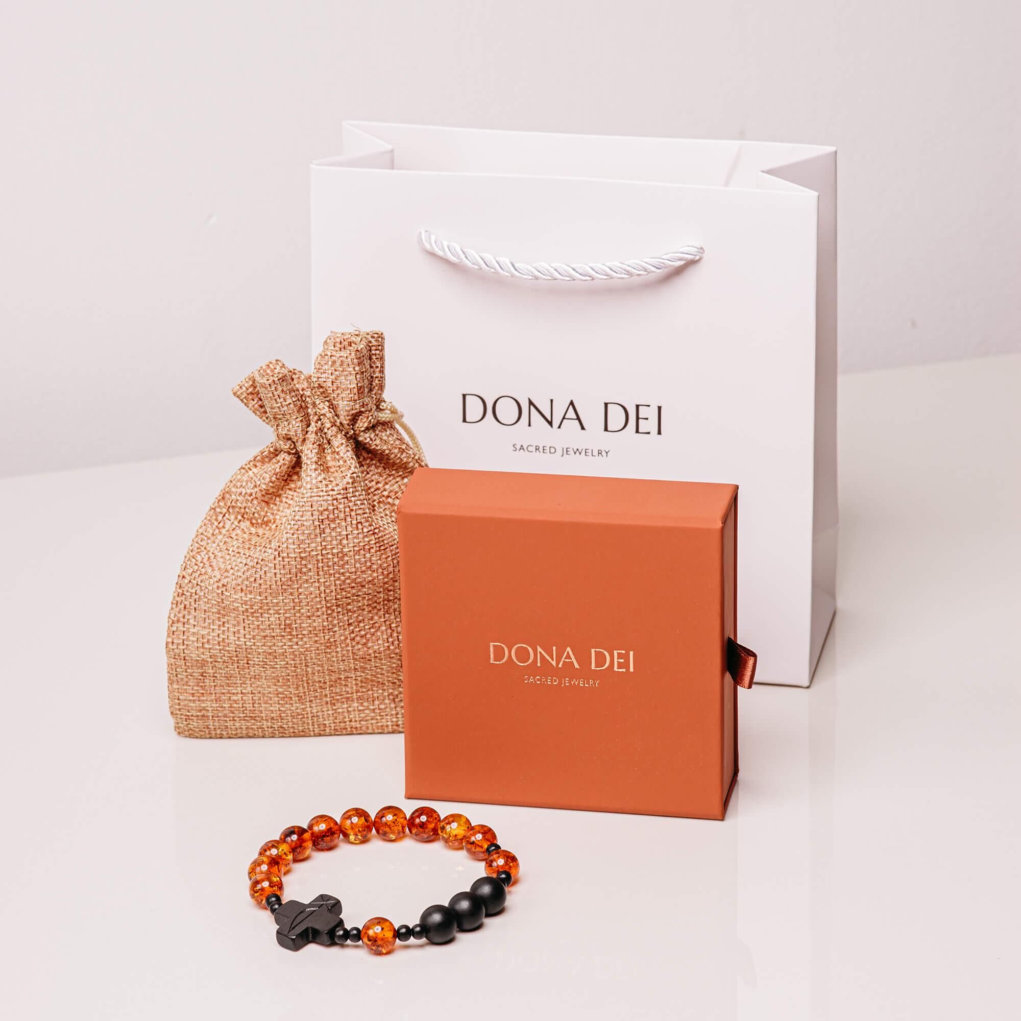 ROSARY CROSS BRACELET Catholic with Chi Rho Christogram | Polished Cognac & Matte Black Beads | Handmade from Baltic Amber, Tiger Ebony Wood