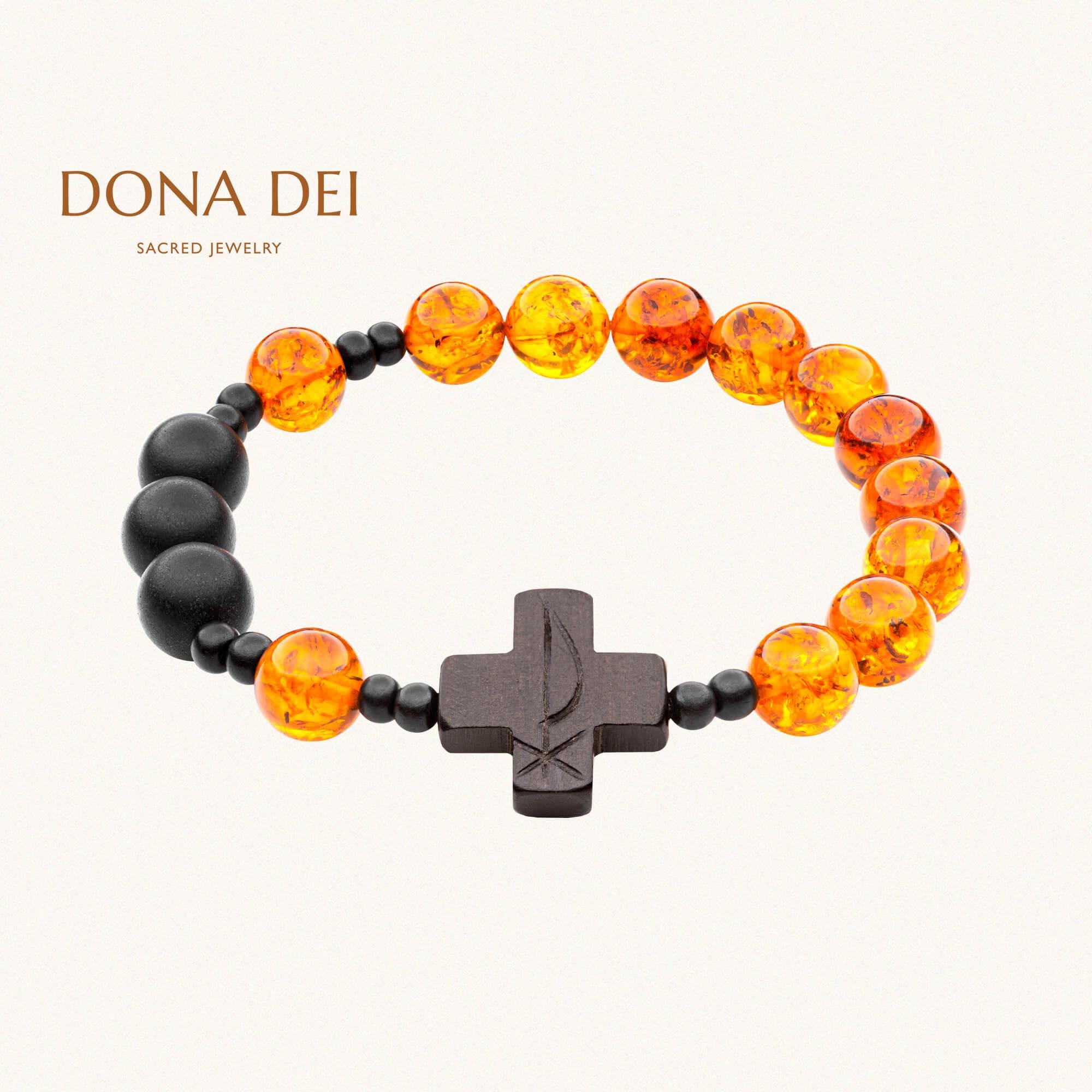 ROSARY CROSS BRACELET Catholic with Chi Rho Christogram | Polished Cognac & Matte Black Beads | Handmade from Baltic Amber, Tiger Ebony Wood